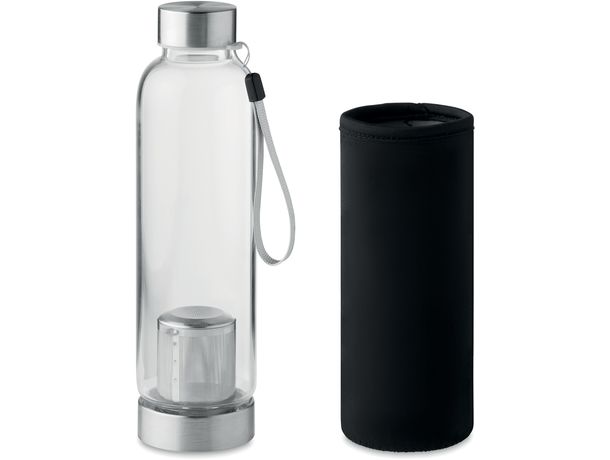 Botella de agua personalizada de vidrio de borosilicato con infusor de té y funda