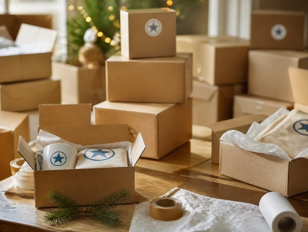 Cajas con pedidos de regalos de Navidad personalizados preparadas para el envío en plena campaña