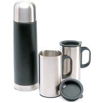 Termo de acero inox de 1 l con 2 tazas personalizado negro Termo de acero inox de 1 l con 2 tazas personalizado negro