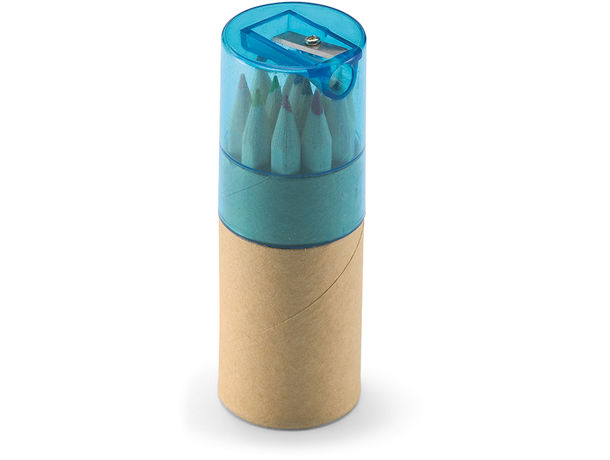12 lapices de color en tubo y sacapuntas barato azul transparente