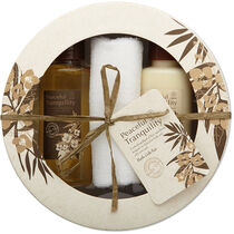 Set de bano en caja redonda de carton personalizado beige Set de bano en caja redonda de carton personalizado beige