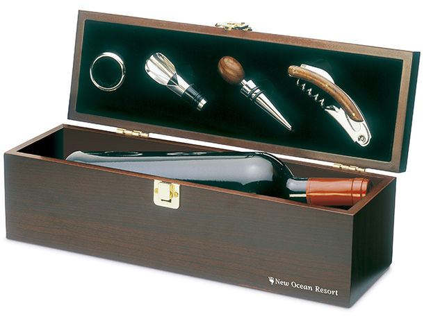 Set vino 4 pzs caja de bambu para 1 botella personalizado Set vino 4 pzs caja de bambu para 1 botella personalizado