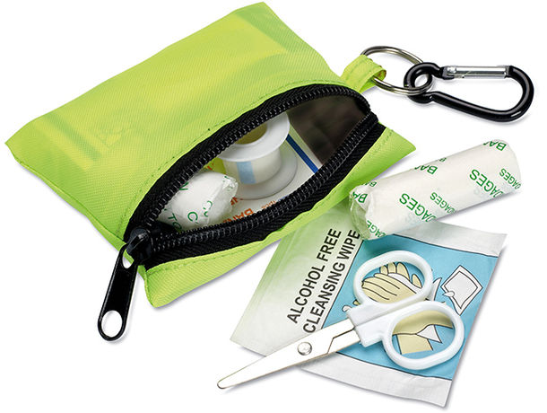 Kit primeros auxilios con mosqueton personalizado amarillo Kit primeros auxilios con mosqueton personalizado amarillo