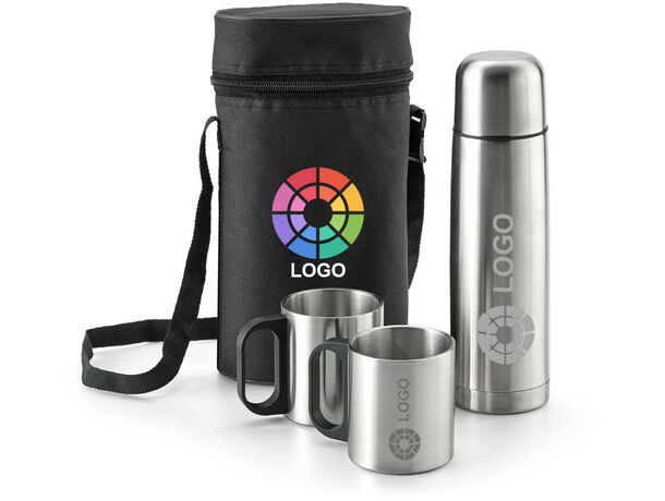 Termo personalizado de acero inox. con funda y tazas (500 ml)