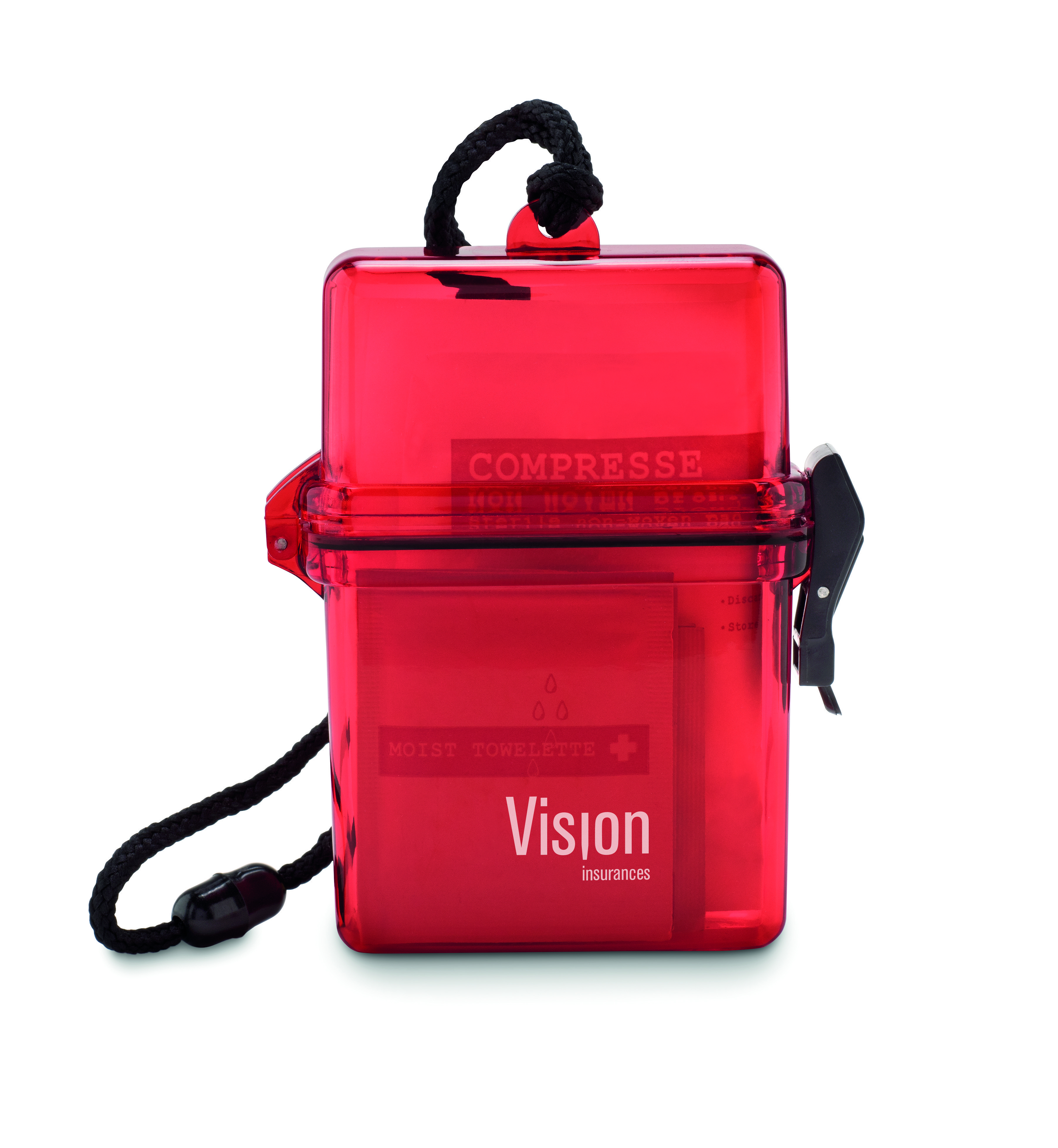 Kit de primeros auxilios con caja resistente al agua personalizado rojo transparente