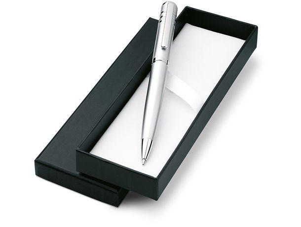 Boligrafo metalico con caja de carton grabado plata mate