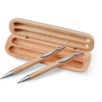 Set con boli y lapiz de madera en estuche personalizado Set con boli y lapiz de madera en estuche personalizado