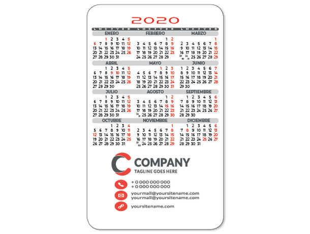 calendario 2020 de bolsillo tamaño visa cantos redondeados almanaque 2020